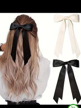 Elegant Black Satin Hair Bow Ribbon Clip - Women Accessories Set of 2